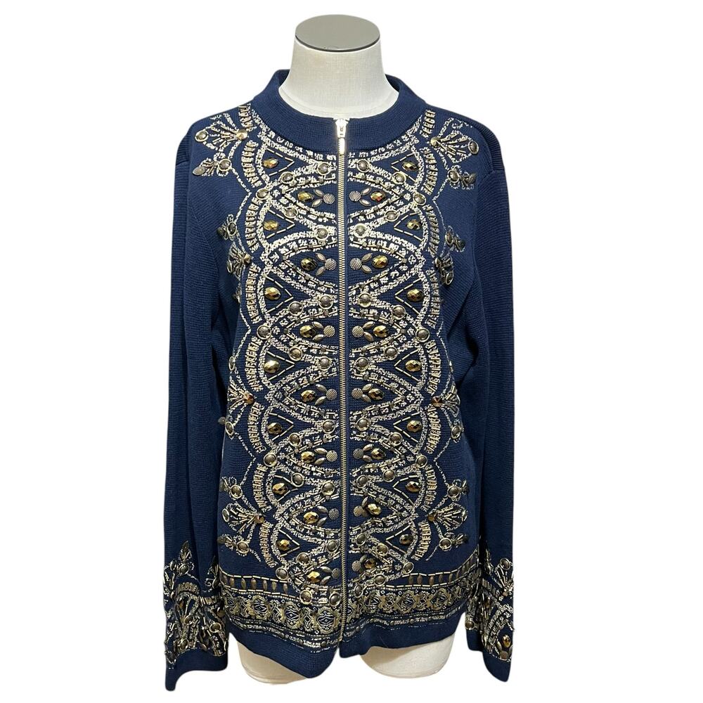 NWT Chico's Navy Bead Full Zip Demitria Knit Military Cardigan Sweater Sz L(2)